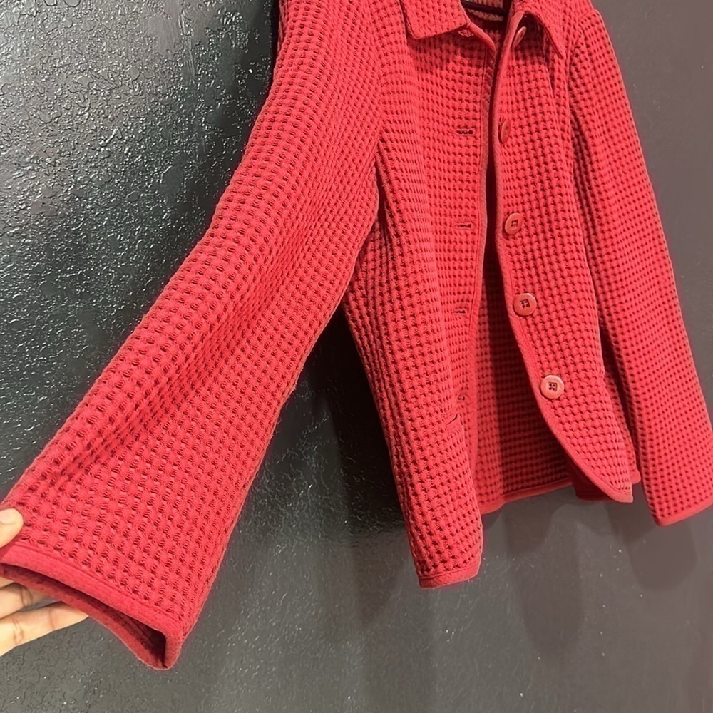 CABELAS Womens Red Cotton Button Collared Sweater Jacket Waffle Pattern Sz L - Picture 6 of 6